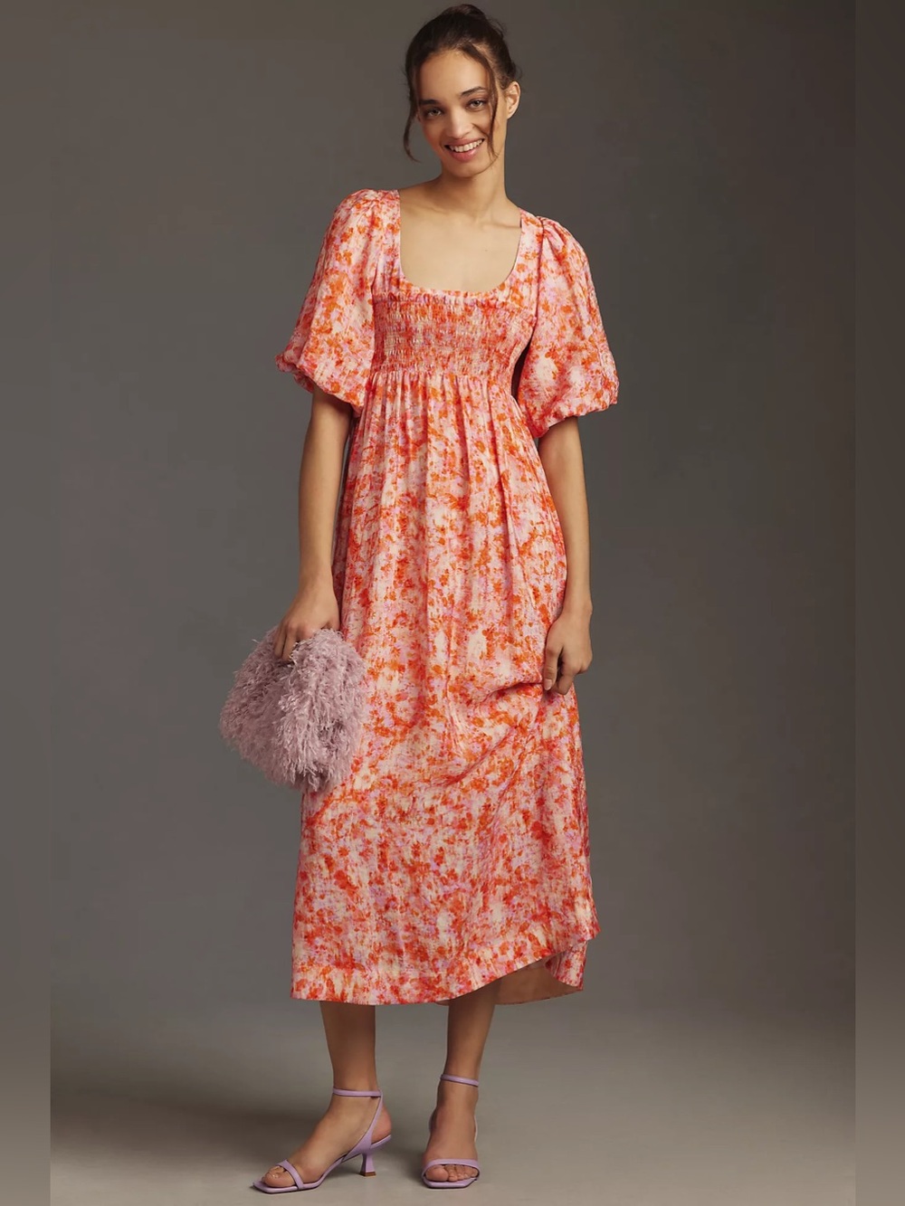 By Anthropologie Short-Sleeve Smocked Babydoll Midi Dress Size XS